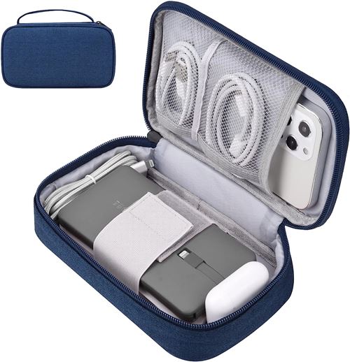 Mini Sac de Voyage Étui de rangement bleu 7.8 x 4.7 x 2.1 inches pour Chargeur Apple, accessoires câbles ,cordons, disque dur externe, banque d'alimen
