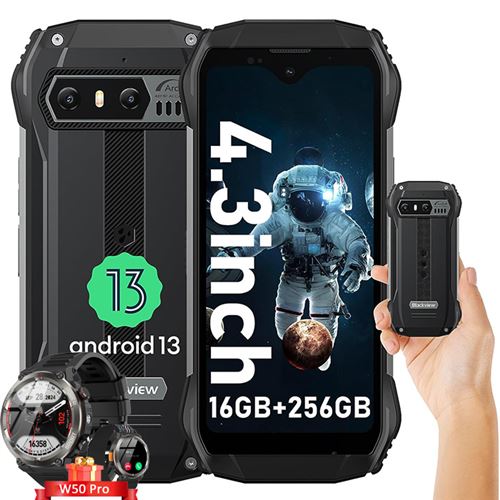 Téléphone Portable Incassable Blackview N6000 G99 4,3 Android 13 16Go+256Go 48MP+16MP NFC Noir avec Blackview Smartwatch W50 Pro