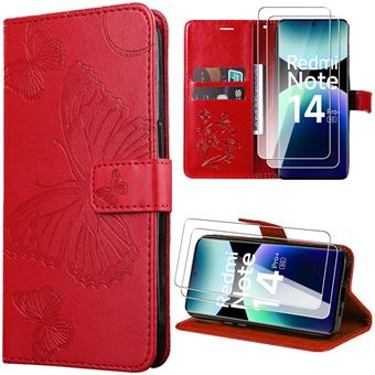 Coque + 2 Verres Trempés pour Xiaomi Redmi Note 14 Pro Plus 5G/Note 14 Pro+ 5G, Effet Cuir Motif Papillon Rouge - BOOLING - 1