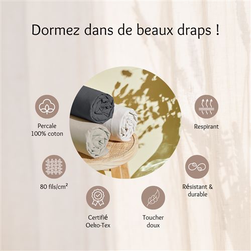 Drap Housse 100% Coton 160x200 cm - Bonnet 35cm - Blanc - Drap housse BUT