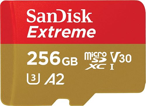 Carte Mémoire microSDXC SanDisk Extreme 256 Go + Adaptateur SD avec Performances Applicatives A2 jusqu'à 160 Mo/s, Classe 10, U3, V30