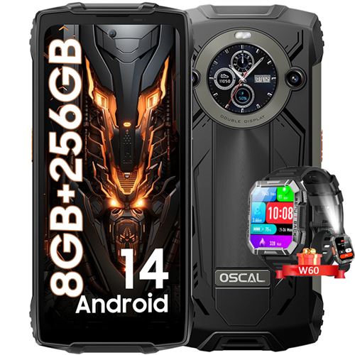 OSCAL PILOT 2 Smartphone Incassable 6.5 Double Écran (8+16)Go+256Go 50MP+32MP 8800mAh Noir avec Montre Connectée W60