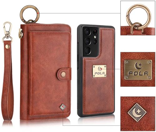 Coque Pour Samsung Galaxy S22 Ultra avec Porte Carte Frusde Magnétique Etui avec Dragonne et Bague-Brun