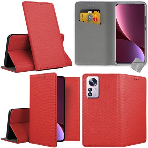 Housse etui portefeuille avec coque intérieure en silicone pour Xiaomi 12 Pro 5G - verre trempe inclus - ROUGE MAGNET - htdmobiles