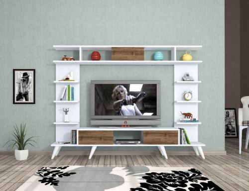 HOMEMANIA Meuble TV Pan Moderne Murale - avec Portes, Étagères - pour Salon - Blanc, Chêne en Bois, 180 x 35 x 135 cm