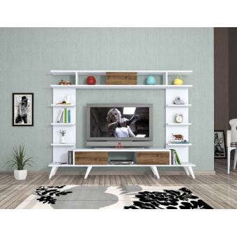 homemania meuble tv pan moderne murale avec portes etageres pour salon blanc chene en bois 180 x 35 x 135 cm