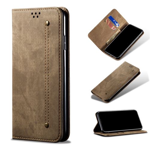 Etui en PU tissu de jeans avec support kaki pour votre Xiaomi Mi Note 10 Lite
