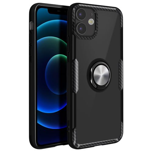 Avizar Coque Pour iPhone 12 / 12 Pro Bi-matière Bague Support Vidéo Finition carbone Noir