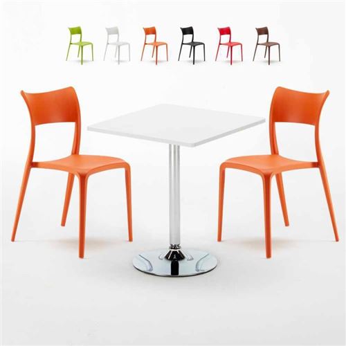 Table Carrée Blanche 70x70cm Avec 2 Chaises Colorées Set Intérieur Bar Café Parisienne Cocktail, Couleur: Orange