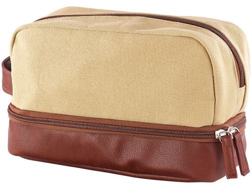 Trousse de toilette en toile à 2 compartiments, coloris beige / brun