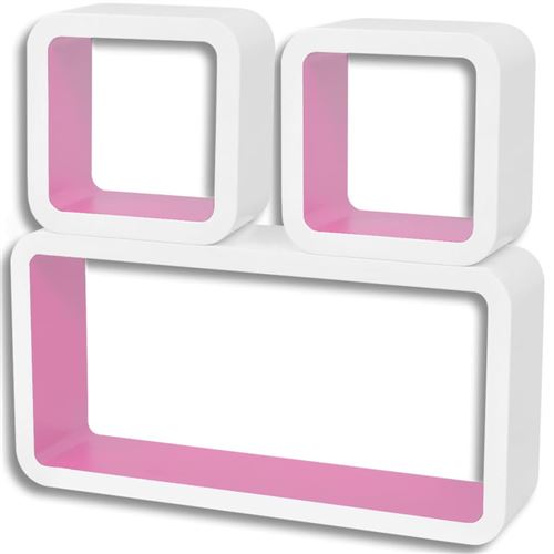 3 Etagères cubes murales et en MDF Blanc-Rose pour DVD/Livres