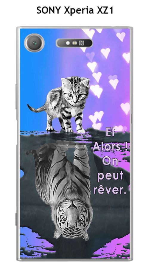 Coque TPU gel souple SONY Xperia XZ1 design Chat Tigre Blanc fond bleu rose Et Alors !
