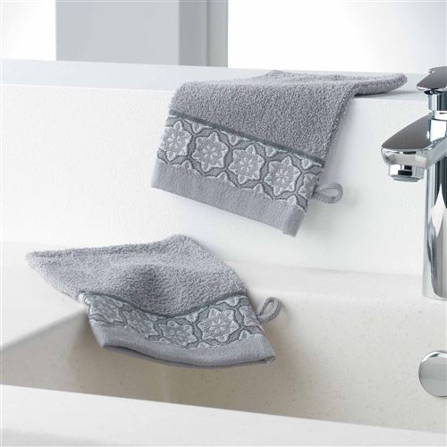 Gants de toilette /2 15 x 21 cm eponge unie jacquard adelie Gris