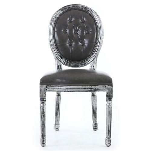 Lot De 2 Chaises De Style Médaillon Louis Xvi Bois Noir Patiné Argent Simili Capitonné Gris
