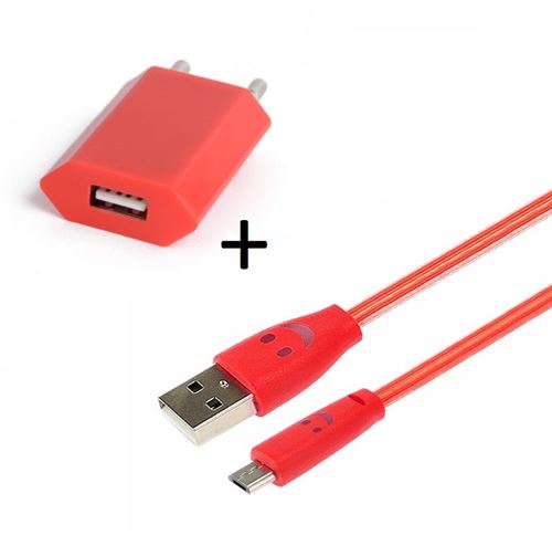Pack Chargeur Pour Samsung Galaxy J5 2016 Smartphone Micro Usb (cable Smiley Led + Prise Secteur Usb) Android Connecteur (rouge)