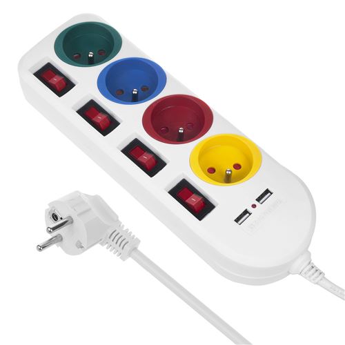 Rallonge électrique Multiprises 4 prises avec 2 entrées USB Maclean blanc.
