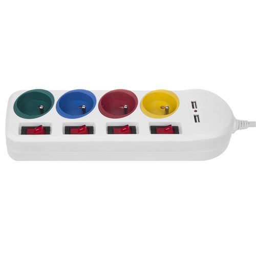 Rallonge électrique Multiprises 4 prises avec 2 entrées USB blanc.