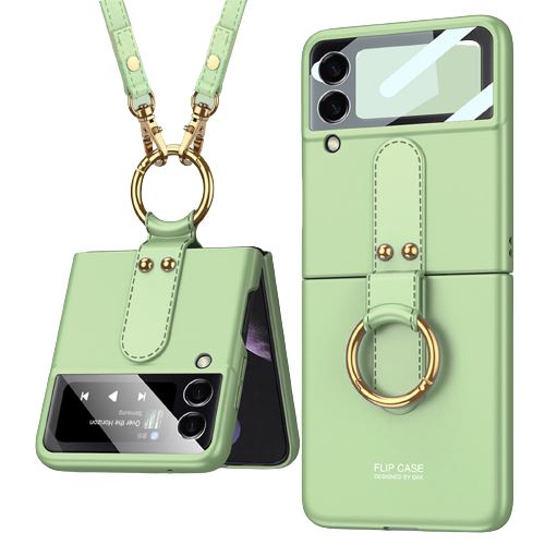 Coque Compatible Samsung Galaxy Z Flip 4 avec Support Anneau FONGWAN avec Bandoulière Cordon et Protection Objectif - Vert clair
