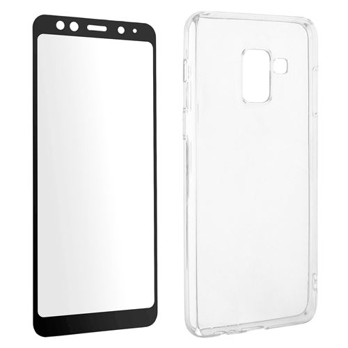 Avizar Coque pour Samsung Galaxy A8 Silicone Souple et Film Verre Trempé Dureté 9H Transparent Noir