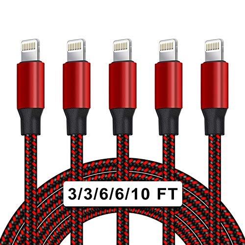 3M/2M/1M Câble De Charge Tressé En Nylon [Lot de 5] Pour iPhone13 / 12 / 11pro Max / Xs / Plus Ti-smart™ (Rouge)