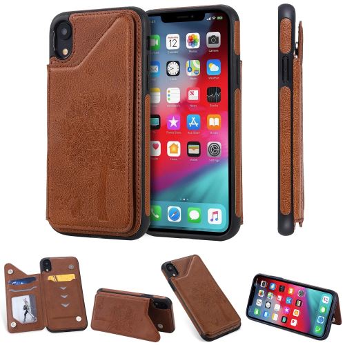 Coque en TPU + PU arbre à chat avec fente pour carte marron pour votre Apple iPhone XR 6.1 pouces