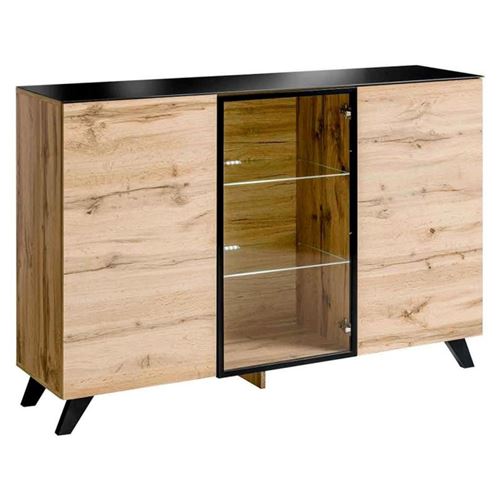 Paris Prix - Buffet 3 Portes Led thin 150cm Noir & Naturel
