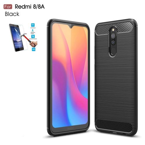 Coque Pour Xiaomi Redmi 8 / 8A Carbone Noir Avec Film Verre Trempé Housse Etui En Silicone Gel Souple hfs-house®