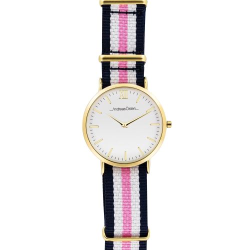 Montre Femme Andreas Osten Cadran 36mm En Acier Blanc Et Bracelet Rose Bleu et Blanc En Nylon AO-08