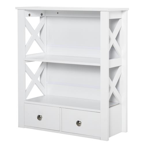 Rangement mural salle de bain - 2 étagères + 2 tiroirs - 60L x 20l x 65H cm - MDF blanc