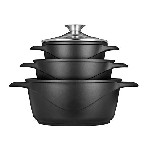 Batterie de Cuisine Induction 6 pièces Aluminium Fonte, 3 Casseroles, Couvercles, Smile, MGK-18, , Noir