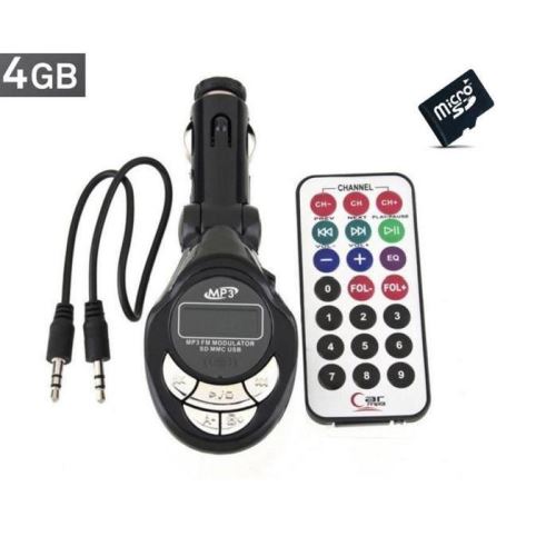 Transmetteur FM autoradio pour IPOD, MP3- USB - lecteur de carte SD MMC - avec câble Jack + carte mémoire 4 Go