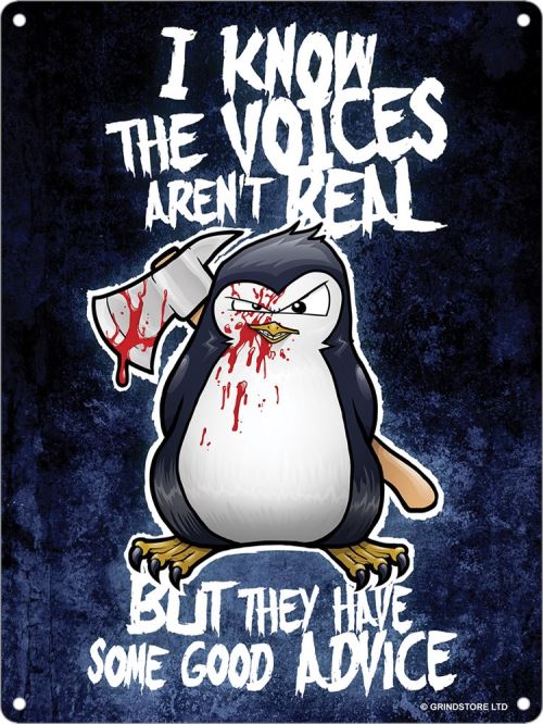 Plaque murale en métal Psycho Penguin The Voices Aren't Real 15 x 20cm