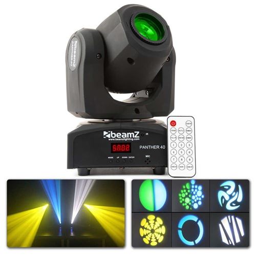 Beamz Panther 40 Lyre Spot LED - LED Blanche 45W, faisceau 11°, 5, 9 ou 11 canaux DMX, roue de 7x Gobos, effets 7 couleurs + blanc