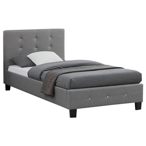 Lit simple TICO, 90 x 190 cm, capitonn&eacute; avec sommier, rev&ecirc;tement en tissu gris
