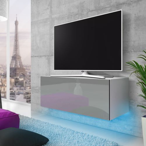 Meuble TV suspendu - SKYLARA - 100 cm - blanc mat / gris brillant - éclairage LED bleu - style moderne
