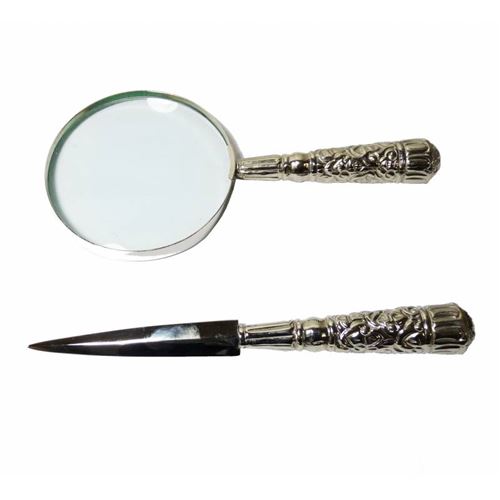 Ensemble Ouvre Lettre et Loupe pour Courrier Accessoires de Bureau en Métal Argenté Décoré