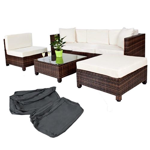 Salon de jardin rotin résine tressé synthétique marron + coussins + 2 sets de housses