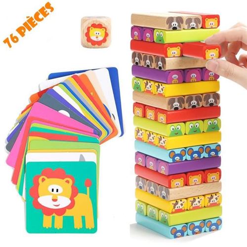 Tour de Blocs Empilables en Bois avec Couleurs et Animaux jouet