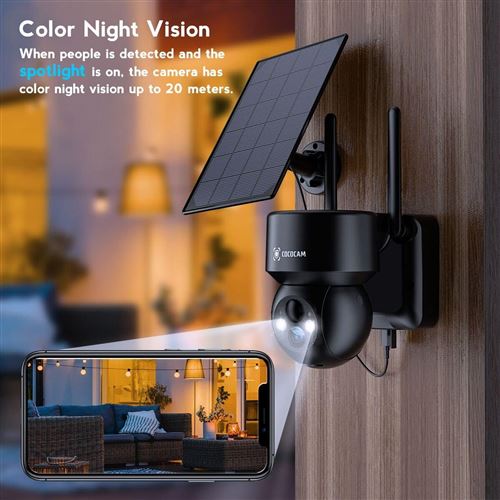 Caméra de sécurité extérieure sans fil sur batterie avec panneau solaire  (vision nocture en couleur)