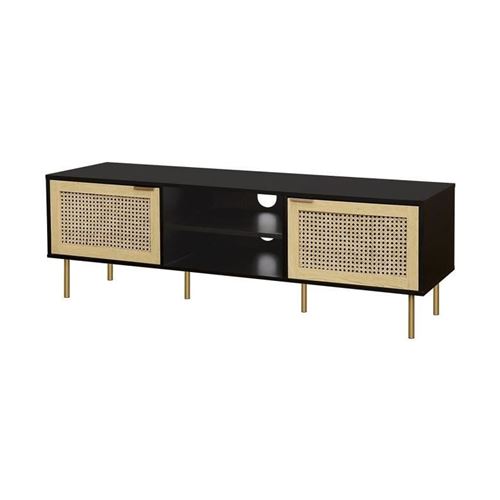 HARROD Meuble TV 2 portes - En mdf laque noir et maillage de rotin naturel