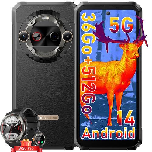 Blackview BL9000 Pro Téléphone Portable Incassable 5G,36Go+512Go,6.78 /8800mAh+120W/FLIR/Dual SIM/50MP/NFC Noir avec Blackview W50 Pro