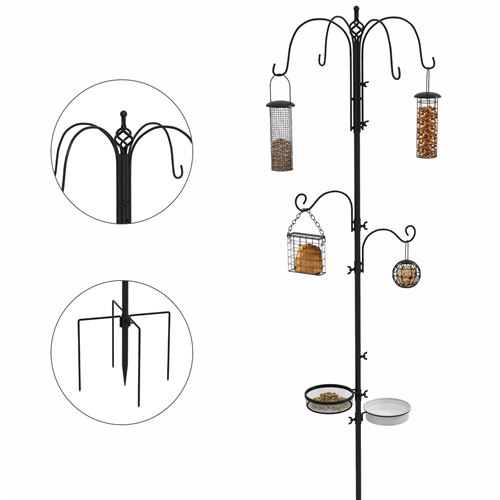 PawHut Station d'Alimentation sur Pied 6 Crochets 4 Mangeoires pour Oiseaux Noir   Aosom France