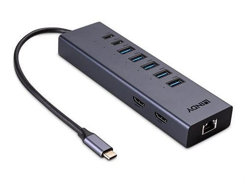 LINDY DST-Mini Duo - Station d'accueil - pour smartphone, tablette, ordinateur portable - USB-C / Thunderbolt 3 / Thunderbolt 4 - 2 x HDMI - GigE - 100 Watt