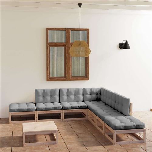 Salon de jardin 8 pcs avec coussins Bois de pin massif Vidaxl Marron