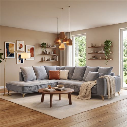 Canap&eacute; Velours Angle Gauche Gris Clair Altamo - 4 Places - Gris clair