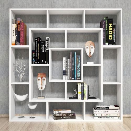 HOMEMANIA Bibliothèque Frame avec Étagères, Meuble de Rangement - pour Salon, Bureau - Blanc en Bois, 125 x 20 x 125 cm