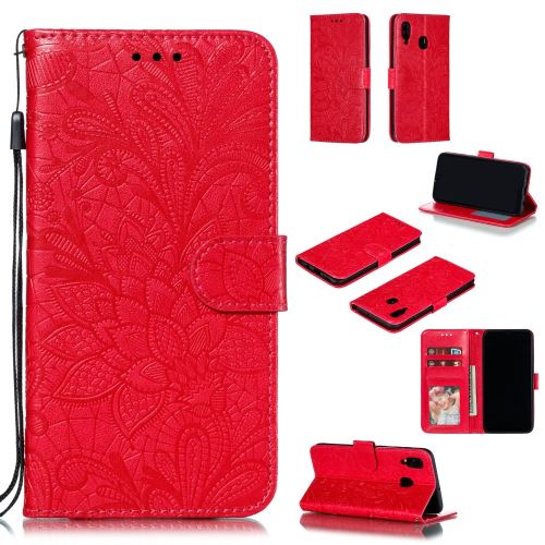Etui en PU fleur de dentelle rouge pour votre Samsung Galaxy A20/A30