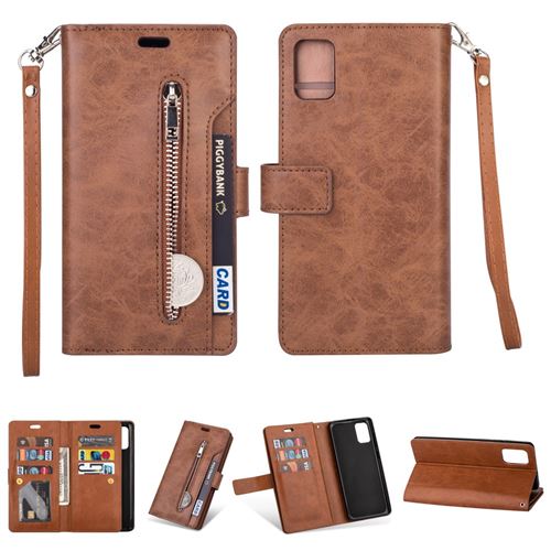 Etui en PU fermeture éclair à plusieurs emplacements avec support marron pour votre Samsung Galaxy A81/Note 10 Lite