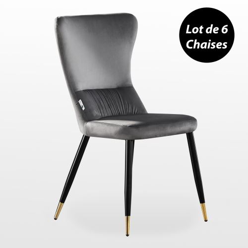 CHARLY Lot de 6 Chaises Rétro en Velours Gris avec Pieds Coloris Noir & Doré - Style Design & Vintage - Salle à Manger, Cuisine, Salon