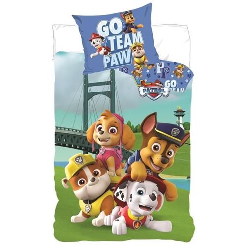 Pat Patrouille Parure de lit Housse de Couette réversible 140 x 200 cm Taie d'oreiller 70 x 90 cm- 100% Coton Go team Paw